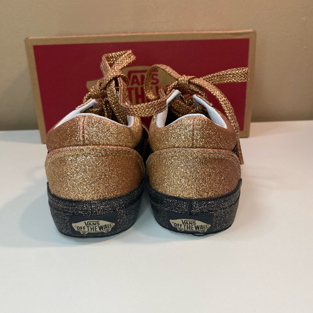 🔥 VANS OLD SKOOL OFF THE WALL LOW TOP SKATE  GOLD & BLACK GLITTER KIDS SIZE 1 - Picture 3 of 8